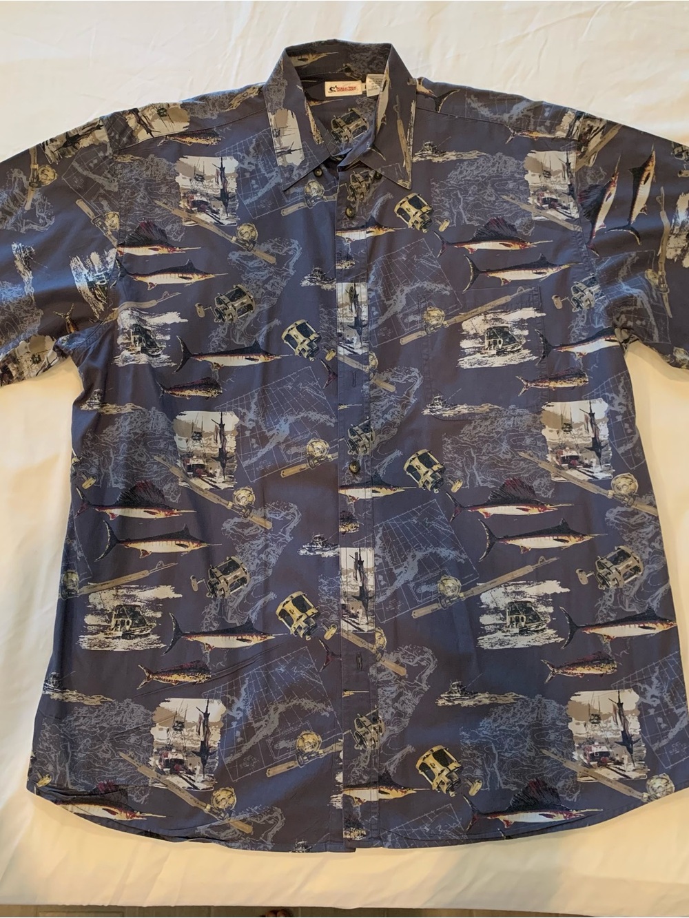 Bass Pro Shops Navy Blue and Gray Nautical Fishing Button-Down Shirt